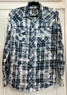 Buckle Pearl Snap navy plaid and bleach distressed Western Shirt LG 100% Cotton